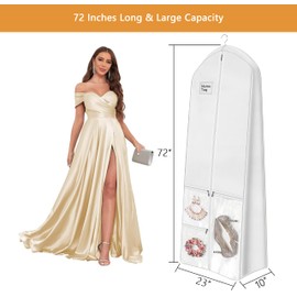 LuxeEspy 72" Dress Bag for Long Dress for Gowns Wedding Dress Quinceanera Dress Sweet 16 Dress Vestido de 15 años Prom Dress Long 3 Extra Pockets Dress Garment Cover for Women, White