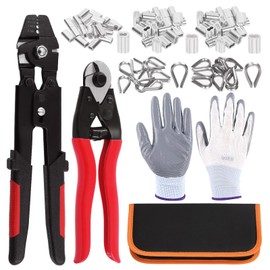 Swpeet 83Pcs Wire Rope Crimping Tool Set, Cable Crimps Up to 2.2mm and Cable Cutter Up to 5/32", 3 Size Aluminum Double Crimping Loop Sleeve, 2 Size Stainless Steel Thimble and Cut Resistant Gloves