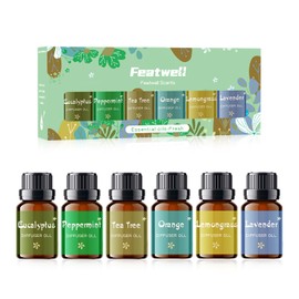 Featwell Essential Oils for Diffusers for Home, Aromatherapy Oils Set of 6, Lavender, Lemongrass, Peppermint, Tea Tree, Orange, Eucalyptus