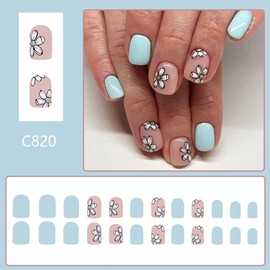 Flowers Press on Nails Short Square Fake Nails With Designs Blue False Nails Acrylic Glue on Nails Glossy Full Cover Stick on Nails for Women Spring Summer Floral Artificial Nails 24 Pcs