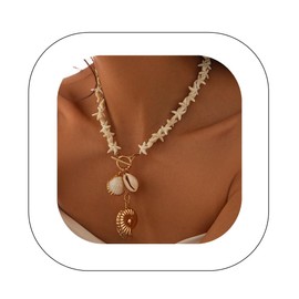 Yheahin Boho Layered Seashell Charm Necklace for Women Gold Beaded Pearl Starfish Pendant Choker Neck Chain Hawaii Beach Surfer Party Necklaces Accessories (Style C)