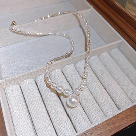 Aonklot Pearl Choker Necklace Dainty White Pearl Necklace Adjustable Silver Chain Necklace Round Pearl Pendants Trendy Jewelry for Women