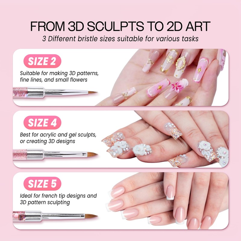 PANA 3D Kolinsky Nail Art Brush - Pink Glitter Handle,
