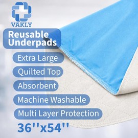 Vakly XL Washable Underpads 36" x 54" [2 Pack] – Reusable Waterproof Bed Pads with Absorbent 4-Layer Protection, Large Incontinence Underpads for Bed, Sofa & Mattress, Adults, Seniors, Kids & Pets