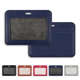 1 Pcs Leather ID Badge Holder - Horizontal, Blue, Multiple Card Slots for Offices, Staff, Students, Employees
