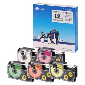 G&G Nameland Compatible Tape, Width 0.5 inch (12 mm), 5 Color Set (White/Black)+Fluorescent, Length 5.5 m (Orange, Green, Yellow, Pink/Black), Length 22.8 ft (8 m) for Casio Mail-Service