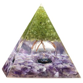 dssmboom Handmade Peridot Tree of Life Pyramid with Glass Ball Positive Energy Generator for Chakra Balancing, Tumbled Amethyst Stone Chips Orgone Pyramid for Home Office Decor