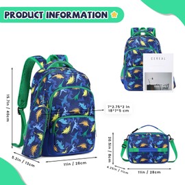 MIRLEWAIY Kids Backpack for Boys Girls School Elementary Student with Insulated Lunch Bag Pencil Case, Dinosaur Backpack Set