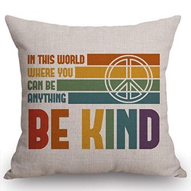 Swono Be Kind Decorative Cotton Linen Throw Waist Pillow Case Cushion Cover Rainbow and Peace Sign Pillowcase 18x18 Inches
