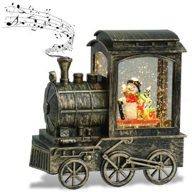 DRomance Music Snow Globe Train Lantern with Music and Timer, Battery Operated and USB Cable Snowman Lighted Snow Globe Spinning Water Glitter (Bronze, USB Included)