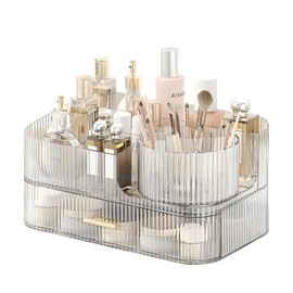 DASITON Makeup Organizer with Drawers and Rotating Makeup Brush Holder,Large Capacity Stackable Cosmetic Organizer Countertop,Bathroom Organizers and Storage,Make up Organizers for Vanity (Clear 02)