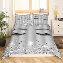Eyelash Single Duvet Cover Set Girls,Grey Giltter Sequins Bedding Set 3D Diamond Printed Luxurious Duvet Cover Silver Gray Bedspread Cover with Zipper,Princess Style Room Decor(Grey, Single)