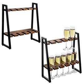 MyGift 2 Tier Rustic Brown Solid Wood Champagne Flute Stand with Industrial Matte Black Metal Frame, Tabletop Stemware Display Rack Fits up to 9 Inch Tall Glasses, Set of 2