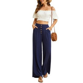 SVALIY Women Flowy Pants Cotton Linen Wide Leg Palazzo Pants Long Lounge Slacks High Waist Button Trousers Pocket Navy XL