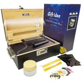 Giftidea Large Bamboo Wooden Box with LED Lights -Odor Proof Storage Box with Combination Lock - Decorative Box with Tray - Lockable LED Storage Box Set as Great Father`s Day Gift Choice