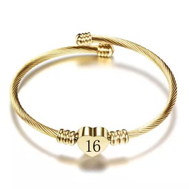KunBead 16th Birthday Love Heart Gold Tone Bracelets for Women Expandable Lucky Number Age Bangle Cuff Stainless Steel Bracelet