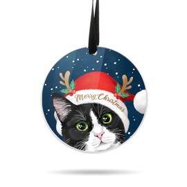 WIRESTER Hanging Ornaments for Christmas Tree Holidays, Party, Car, Home, Office Decoration, Large 3 inch Acrylic Ready to Hang Ornament - Black White Tuxedo Cat Happy with Christmas Hat