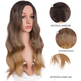 FESHFEN Long Curly Wig, 55 cm Black Roots to Brown Blonde Wig, Middle Parting, Women's Wigs, Natural Synthetic Wigs, Women's Curls, Wavy Wig for Party, Daily