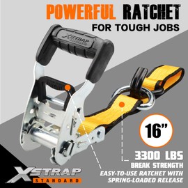 XSTRAP STANDARD 1.5" x 16' Heavy-Duty Tie Down Straps, Extra-Wide Cushioned Handles, Double J Hooks & D-Rings - 3300 lb Break Strength Cargo Straps for Moving, Truck, Trailers, Kayaks, 2PK