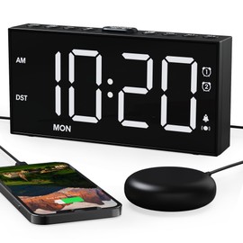 ROCAM Loud Alarm Clock for Heavy Sleepers Adults, Bed Shaker Alarm Clock for Bedroom with USB Charger, Dual Clock with Weekday/Weekend Mode, Bold Font, 3-Level Vibrating, 70-120 dB Volume, Dimmer
