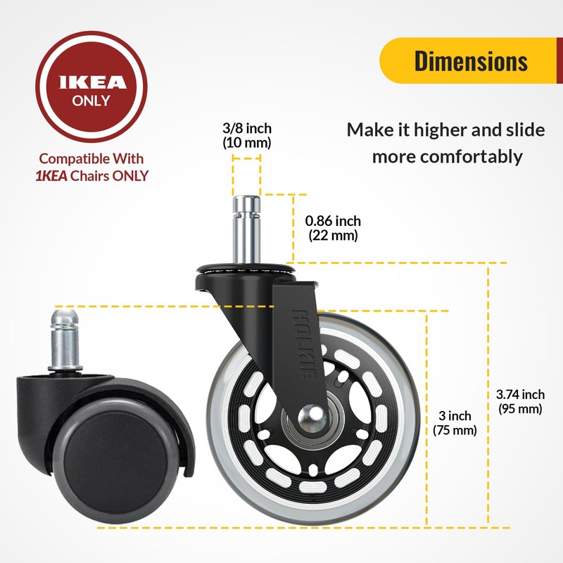 HOLKIE Office Chair Wheels Compatible with 1KEA 10x22mm Transparent ONLY