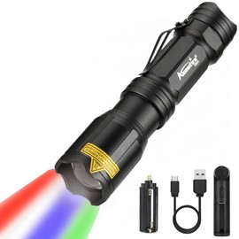 ALONEFIRE X004 Multicolor Flashlight Red Light Green Light USB Rechargeable Blue Light Flashlight RGB Color Changing Waterproof with Battery, Charger for Night Observation Astronomy Aviation Tracking