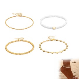 Xinlon Boho Anklet Gold Heart, Anklet for Women Beads, Anklet Fashion Multilayer, Anklet Women's Beach, Multilayer with Beads, Jewellery Anklet Set for Women and Girls, Metal