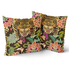 aportt Tiger Pillow Cover Set of 2 Chinoiserie Animal Print Tiger Stripe Cotton Decorative Throw Pillow Case Cushion Cover for Bedroom Sofa Living Room Couch Chair Office 20 x 20 Inch
