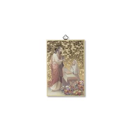 Fratelli Bonella | Holy Picture on MDF Poplar Wood 8 mm with Gold Foil Mosaic of a Girl First Communion with Prayer Chain on the Back 10 x 15 cm | Made in Italy