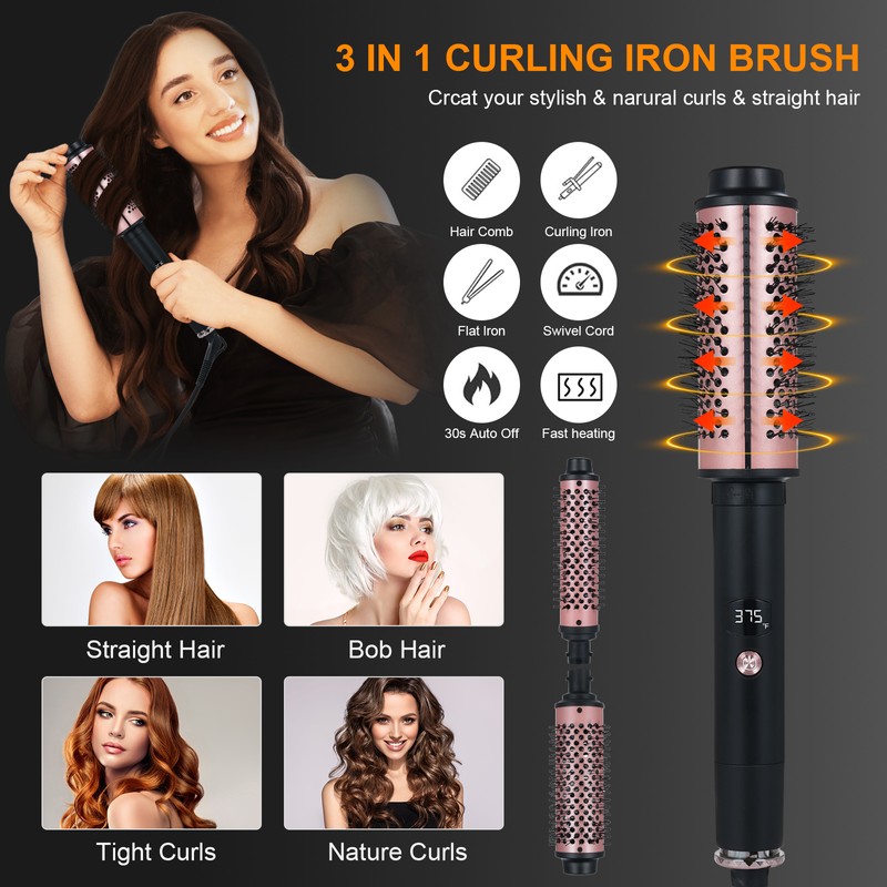 Thermal Brush with 3 Interchangeable Heads Heated Round Brush for