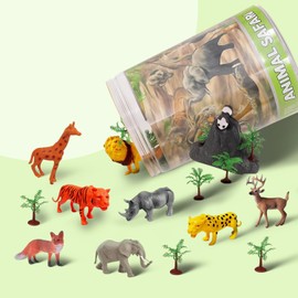FUNFY Wildlife Safari and Forest Toy Set with Box | Multicoloured | Assortment of Miniature Contains 10 Animal Figures with 18 Forest Trees and Rocks | Stimulation for Imaginative Play | for Children