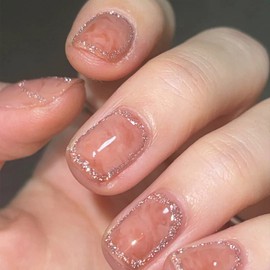 SINHOT Short Press on Nails Glossy Fake Nails Round Glue on Nails Sparkle Glitter False Nails Full Cover Oval Acrylic Nails