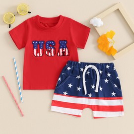 ZyHwShine Baby Boy 4th of July Outfit Stars Stripes USA Short Sleeve T Shirts Shorts Set Fourth of July Toddler Outfit (American Flag-Red, 18-24 Months)