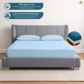 Shreem Linen California King Waterbed Sheets, 4-Piece 100% Egyptian Cotton Attached Sheet Set with 15" Deep Pocket, Soft & Breathable Bedsheets for Water Beds, Light Blue Solid