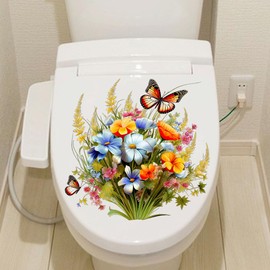 Toilet Stickers Bathroom Wall Decor Flowers Green Plant Butterflies Vinyl Sticker Wall Decals Peel and Stick Wall Stickers for Living Room Bedroom, Bathroom Self-Adhesive Toilet Seat Decals Decor