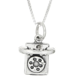 LGU Sterling Silver Oxidized 3D Rotary Dial Telephone Charm Pendant with Polished Box Chain Necklace (18 Inches)