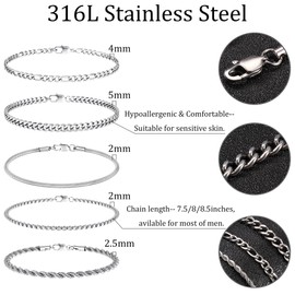 LOLIAS 5 Pcs Silver Bracelets for Men Stainless Steel Mens Bracelets Cuban Link Rope Figaro Chain Bracelet Set for Men Wommen Mens Jewellery Gift for Men Him Dad Boyfriends Husband
