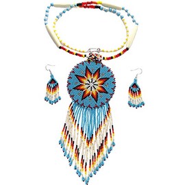 Native Style Beaded Necklace Earrings Set with Large Rosette Pendant (Blue Star)