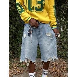 Aelfric Eden Women's Jeans Shorts Men's Baggy Jorts Unisex Rhinestone Denim Shorts Summer Wide Leg Denim Shorts Y2K Streetwear, blue, 36