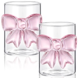 Reallnaive 2 Pcs Coquette Glass Cups Pink Bow Champagne Fashioned Glasses Clear Reinforced Stems and Romantic Pink Bow for Weddings Engagements Party Gifts(Flat Bottom)