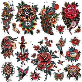 Tazimi Classic Temporary Tattoos for Adults Old School Tattoos Stickers Mix American Traditional Vintage Rose Flower Temporary Tattoos for Women Men Half Arm Chest Shoulder Fake Tattoos