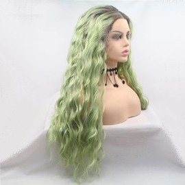 Xiweiya Wigs Long Deep Curly Wig Ash Green Color with Blonde Brown Synthetic Lace Front Wig Middle Parting Avocado Green Hair Glueless Heat Resistant Fiber for Women Cosplay Makeup 24 Inches