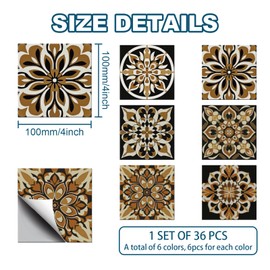 CHGCRAFT 36 Pcs 6 Styles Brown Mandala Peel and Stick Wallpaper Stick on Wallpaper Self Adhesive Tile Stickers Used for Kitchen Bathroom Bedroom Wall Fireplace Floor Decoration 3.9x3.9 Inch