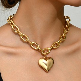Chunky Gold Heart Necklace,Big Puffy Heart Choker Statement Necklace for Women,Large Thick Love Jewelry(ChokerGolden)