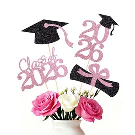 Double-sided 16 PCS Graduation Cake Toppers – Pink Class of 2026 Centerpieces Picks for Graduation Theme Party Decorations Supply