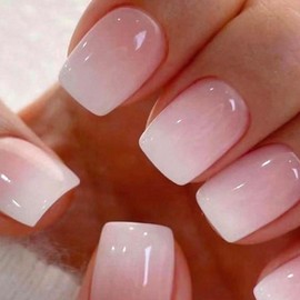 Gradient Pink White Press on Nails Short Square Fake Nails with French Tip Designs Simple Cute Glue on Nails Press ons Ombre Acrylic Glossy Stick on Nails for Women 24 Pcs