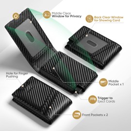 VULKIT Bifold Card Wallet for Men with Aluminum Pop Up Card Case, Carbon Fibre Leather, Card Holder with Double Transparent Windows, Holds Max 12 Cards, Black (Carbon Fiber Design), Black (Carbon