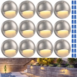 LEONLITE 12-Pack LED Low Voltage Deck Lights, 170LM 4.09inch Landscape Step Railing Fence Light, 12-36V AC/DC, Die-cast Aluminum Housing & Frosted Glass Lens, UL Cord, Satin Nickel, 3000K Warm White