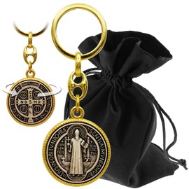 Lunexus Benedict Keyring - Blessed - St. Benedict Medal with Embossing and Double-Sided Design - Gift with Velvet Bag - Protective Symbol for Car, Home & Travel - Gold & Colourful, Gold / grey, Unit