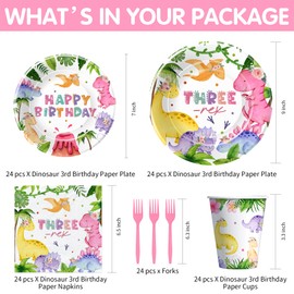 Suhelkit Dinosaur Three Rex Birthday Decorations Tableware Girl - Dinosaur 3rd Birthday Party Supplies, Paper Plate, Cup, Napkin, Fork, Dino Party Decorations For Three-Year-Old Birthday | 24 Guest